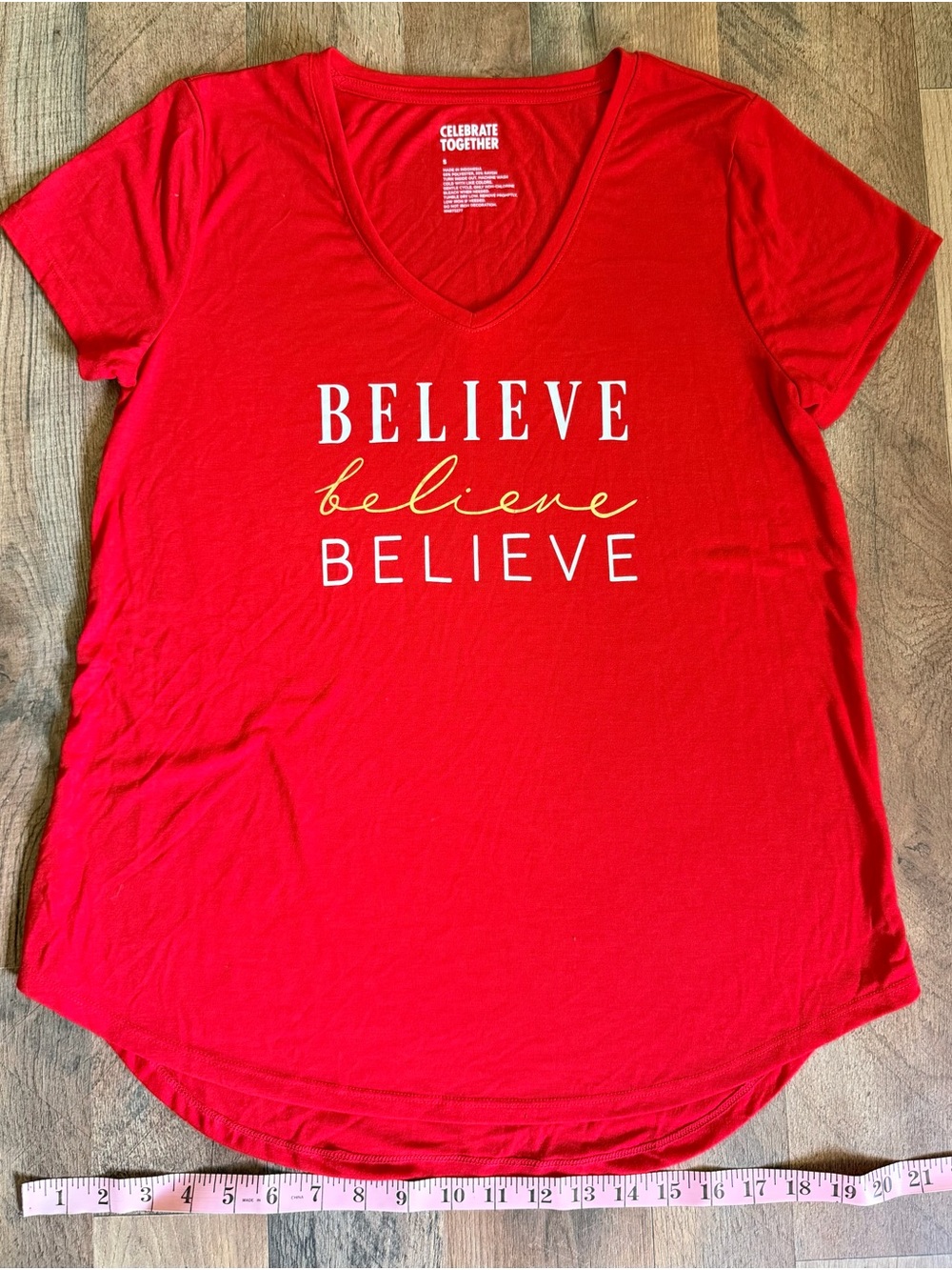 Women’s Red 'Believe' V-Neck Tee